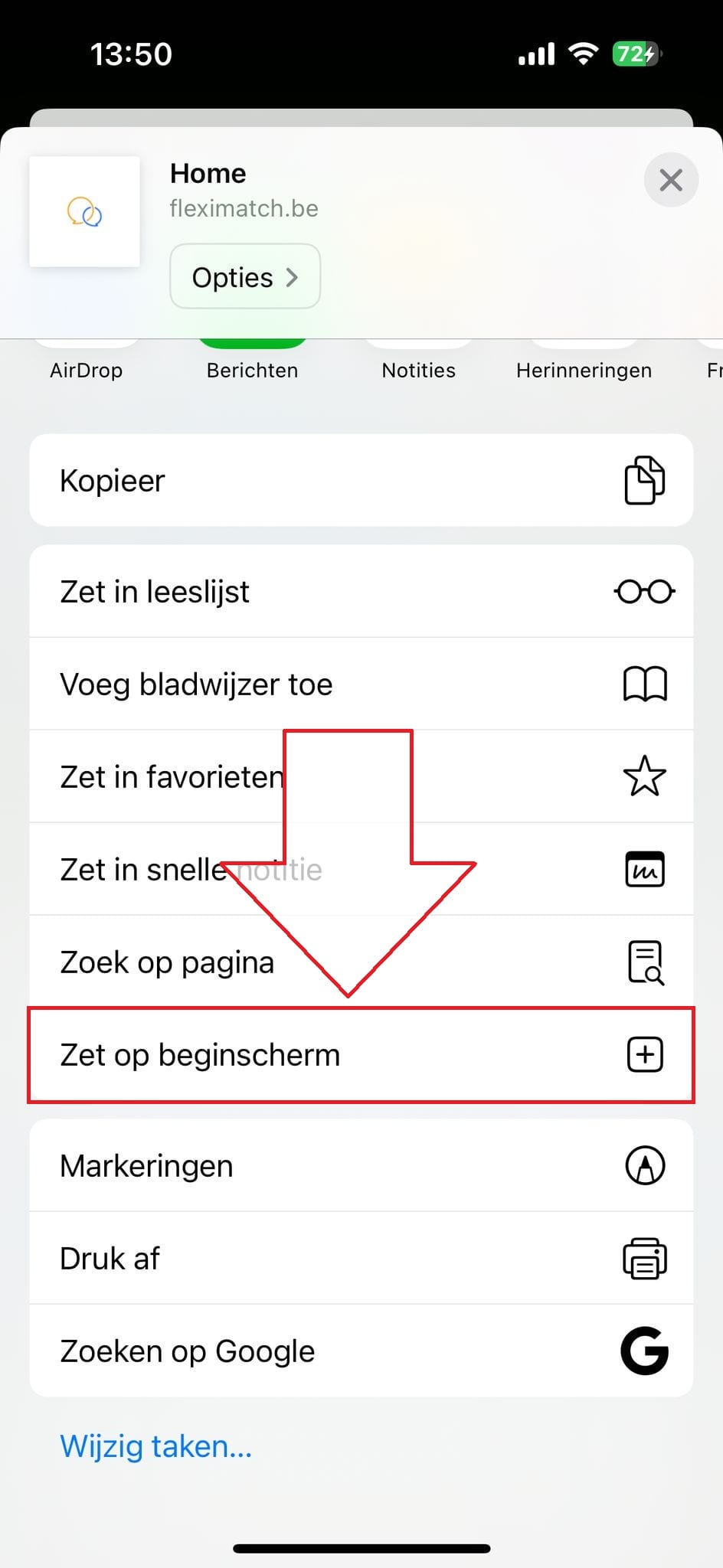 2. Klik op 'Zet op beginscherm'